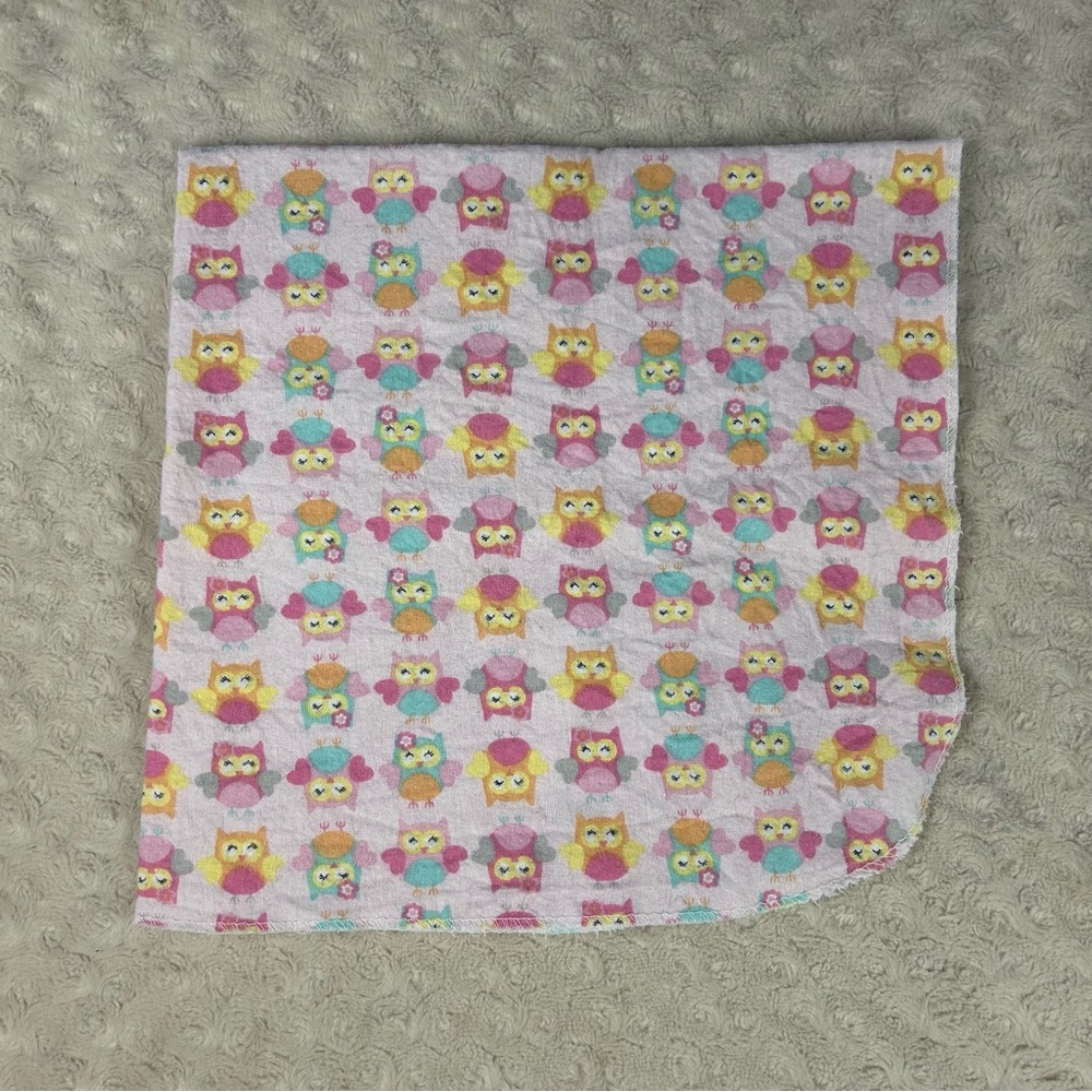 Little Beginnings Pink Owls Baby Receiving Blanket Flannel Yellow Blue Gray Thin